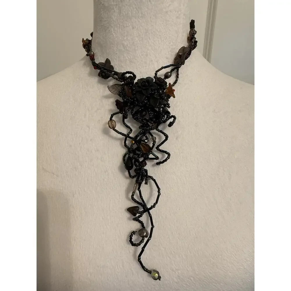 Vintage Artisan Wearable Art Beaded Floral Necklace Gunmetal Boho Gothic - Picture 3 of 8